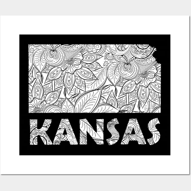 Mandala art map of Kansas with text in white Wall Art by Happy Citizen